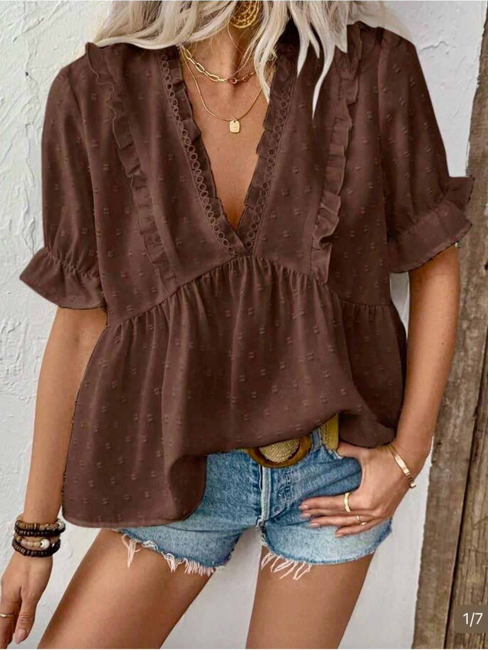 SHEIN Chocolate Brown Ruffle V-Neck Peasant Top